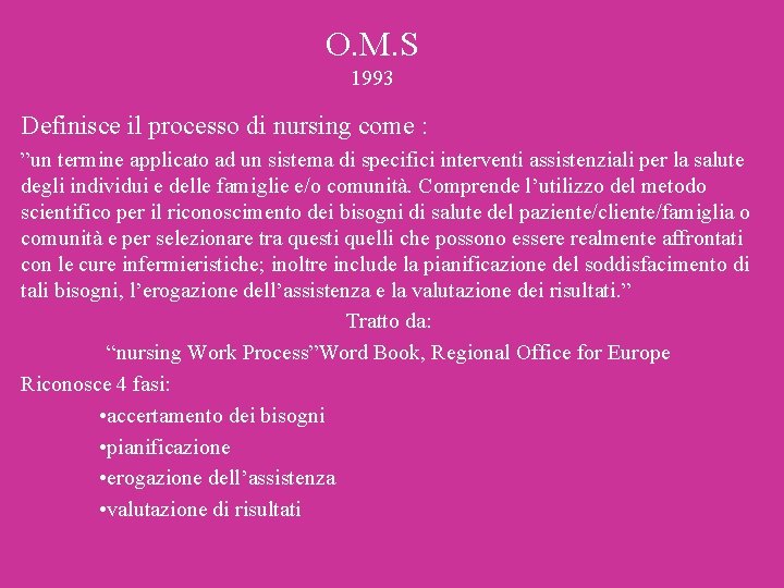 O. M. S 1993 Definisce il processo di nursing come : ”un termine applicato O. M. S 1993 Definisce il processo di nursing come : ”un termine applicato