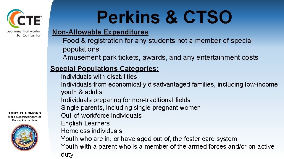 Perkins & CTSO Non-Allowable Expenditures Food & registration for any students not a member