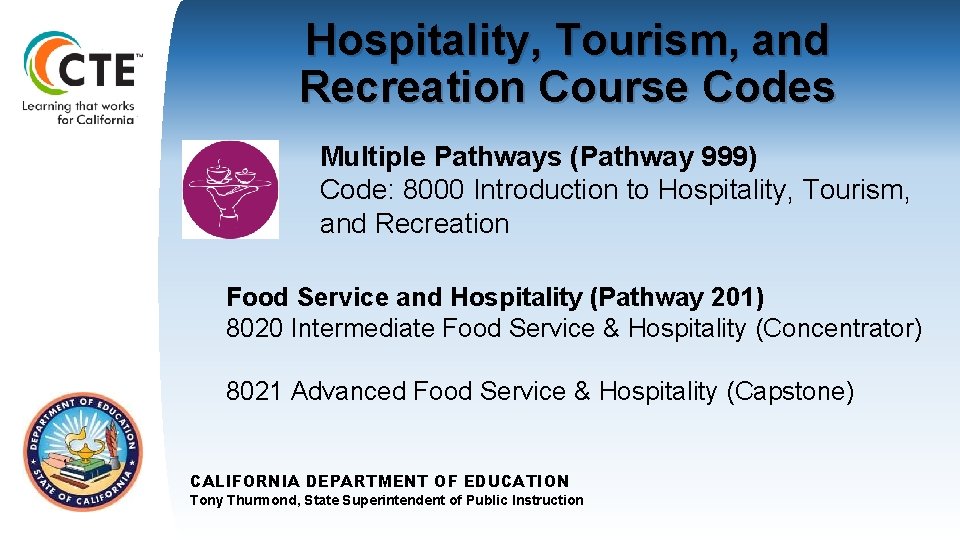 Hospitality, Tourism, and Recreation Course Codes Multiple Pathways (Pathway 999) Code: 8000 Introduction to
