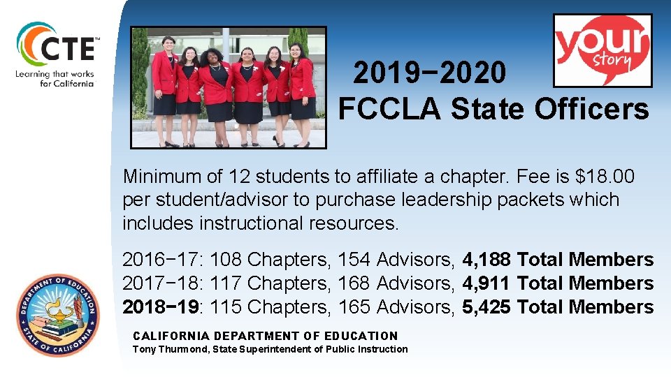 2019− 2020 FCCLA State Officers Minimum of 12 students to affiliate a chapter. Fee