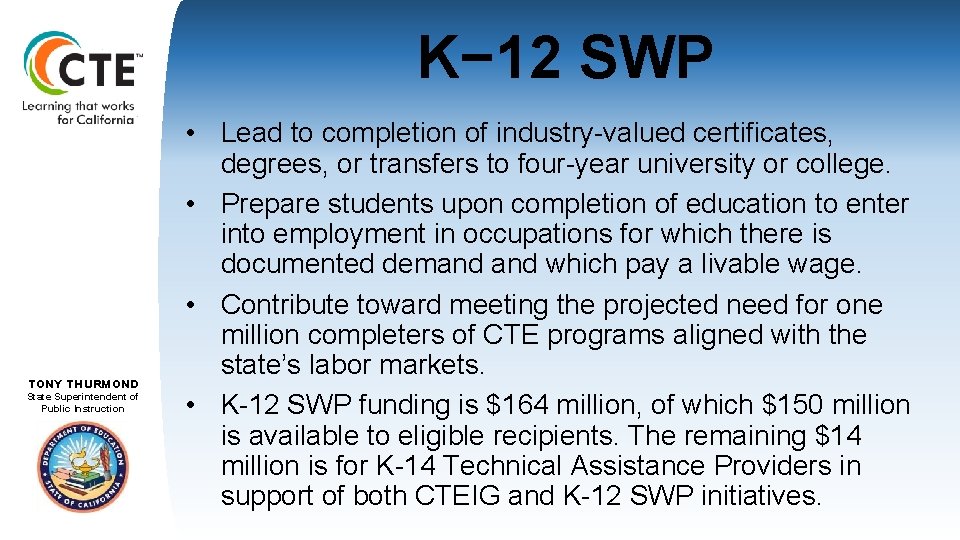 K− 12 SWP TOM TORLAKSON TONY THURMOND State. Superintendentof State of. Public. Instruction •