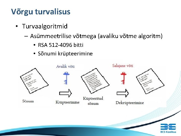 Võrgu turvalisus • Turvaalgoritmid – Asümmeetrilise võtmega (avaliku võtme algoritm) • RSA 512 -4096