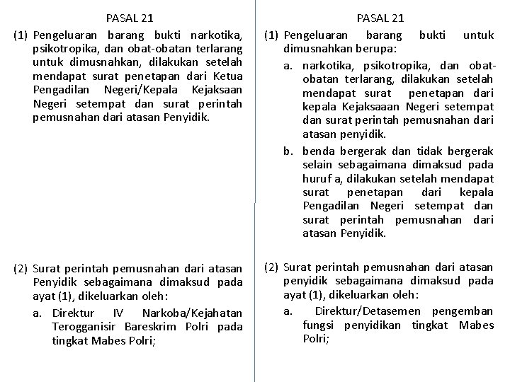 PASAL 21 (1) Pengeluaran barang bukti narkotika, psikotropika, dan obat-obatan terlarang untuk dimusnahkan, dilakukan
