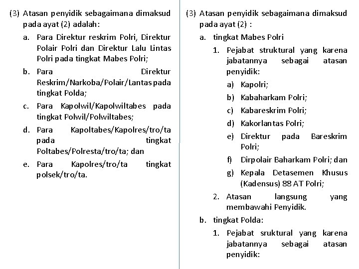 (3) Atasan penyidik sebagaimana dimaksud pada ayat (2) adalah: a. Para Direktur reskrim Polri,