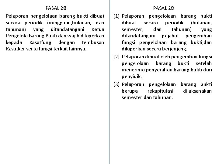 PASAL 28 Pelaporan pengelolaan barang bukti dibuat secara periodik (mingguan, bulanan, dan tahunan) yang