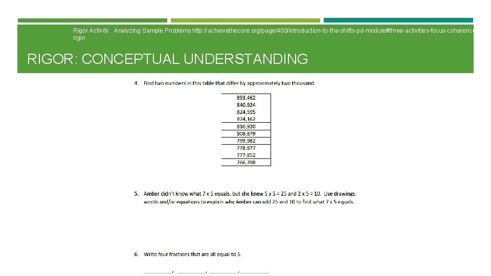 Rigor Activity: Analyzing Sample Problems http: //achievethecore. org/page/400/introduction-to-the-shifts-pd-module#three-activities-focus-coherence-andrigor RIGOR: CONCEPTUAL UNDERSTANDING 