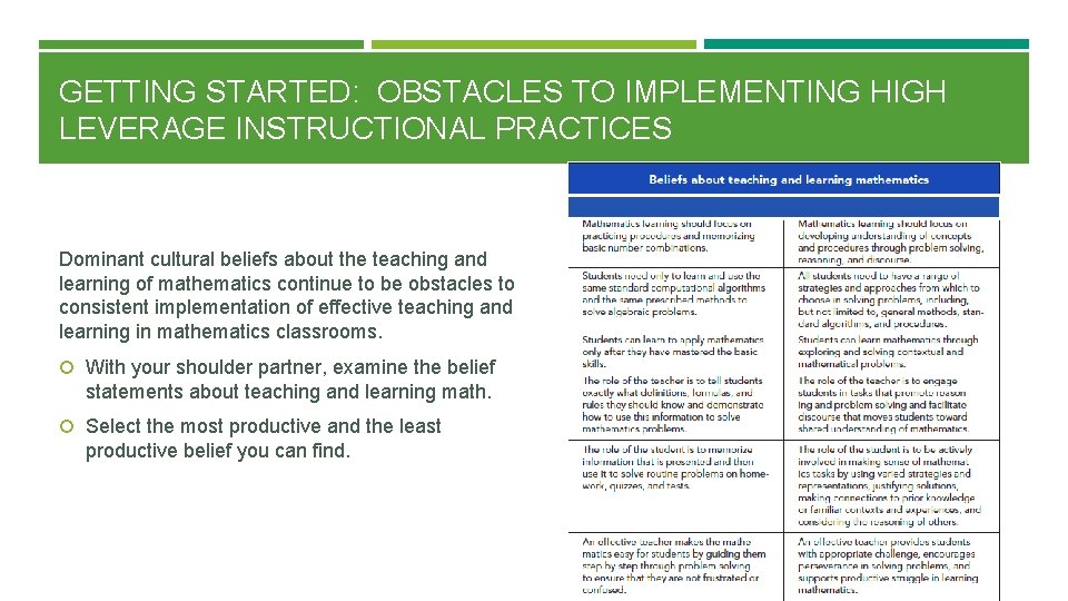 GETTING STARTED: OBSTACLES TO IMPLEMENTING HIGH LEVERAGE INSTRUCTIONAL PRACTICES Dominant cultural beliefs about the