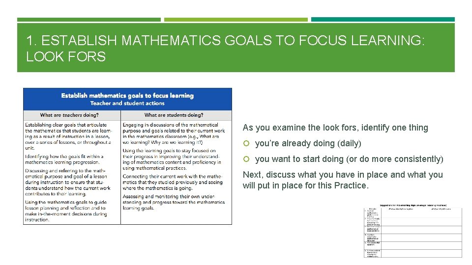 1. ESTABLISH MATHEMATICS GOALS TO FOCUS LEARNING: LOOK FORS As you examine the look