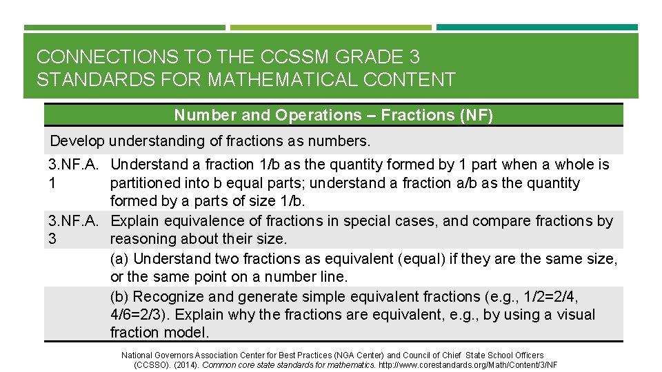 CONNECTIONS TO THE CCSSM GRADE 3 STANDARDS FOR MATHEMATICAL CONTENT Number and Operations –