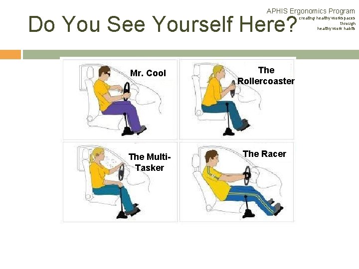 APHIS Ergonomics Program Do You See Yourself Here? Mr. Cool The Rollercoaster The Multi. APHIS Ergonomics Program Do You See Yourself Here? Mr. Cool The Rollercoaster The Multi.
