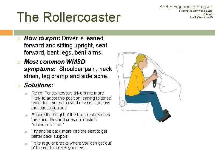 APHIS Ergonomics Program The Rollercoaster How to spot: Driver is leaned forward and sitting APHIS Ergonomics Program The Rollercoaster How to spot: Driver is leaned forward and sitting