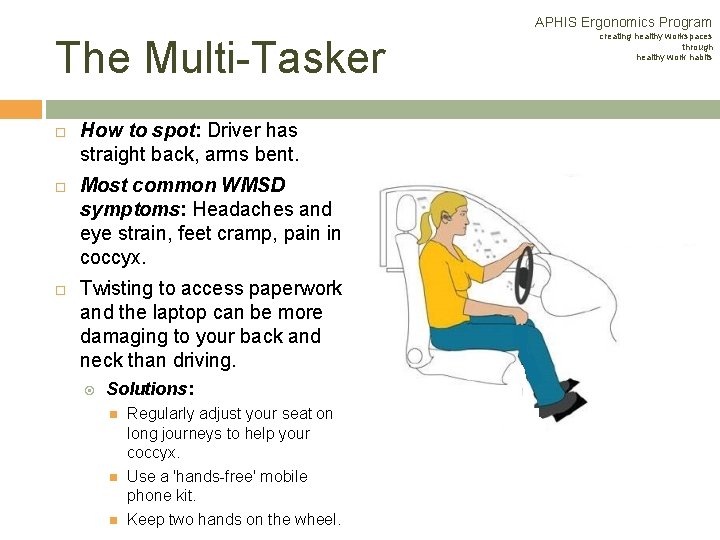 APHIS Ergonomics Program The Multi-Tasker How to spot: Driver has straight back, arms bent. APHIS Ergonomics Program The Multi-Tasker How to spot: Driver has straight back, arms bent.