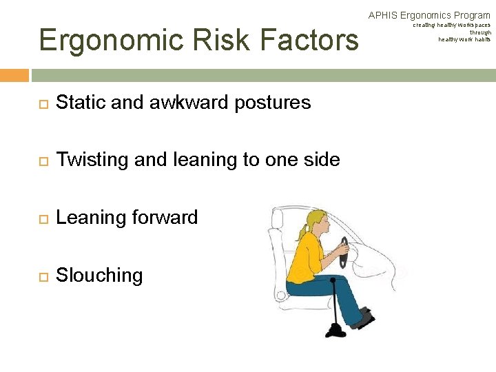 APHIS Ergonomics Program Ergonomic Risk Factors Static and awkward postures Twisting and leaning to APHIS Ergonomics Program Ergonomic Risk Factors Static and awkward postures Twisting and leaning to