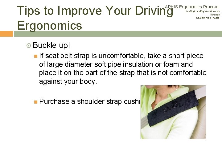 Tips to Improve Your Driving Ergonomics APHIS Ergonomics Program creating healthy workspaces through healthy Tips to Improve Your Driving Ergonomics APHIS Ergonomics Program creating healthy workspaces through healthy