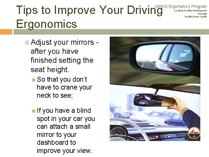 Tips to Improve Your Driving Ergonomics APHIS Ergonomics Program Adjust your mirrors - after Tips to Improve Your Driving Ergonomics APHIS Ergonomics Program Adjust your mirrors - after