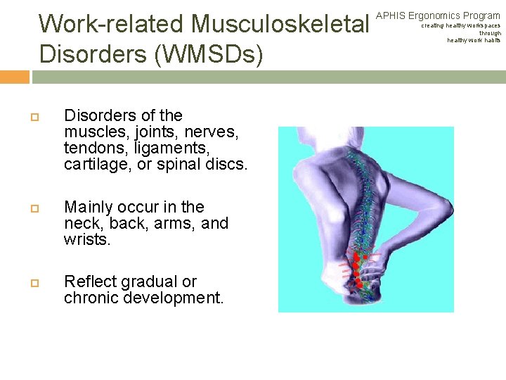 Work-related Musculoskeletal Disorders (WMSDs) Disorders of the muscles, joints, nerves, tendons, ligaments, cartilage, or Work-related Musculoskeletal Disorders (WMSDs) Disorders of the muscles, joints, nerves, tendons, ligaments, cartilage, or