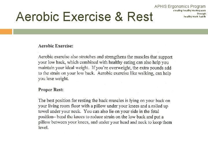APHIS Ergonomics Program Aerobic Exercise & Rest creating healthy workspaces through healthy work habits APHIS Ergonomics Program Aerobic Exercise & Rest creating healthy workspaces through healthy work habits