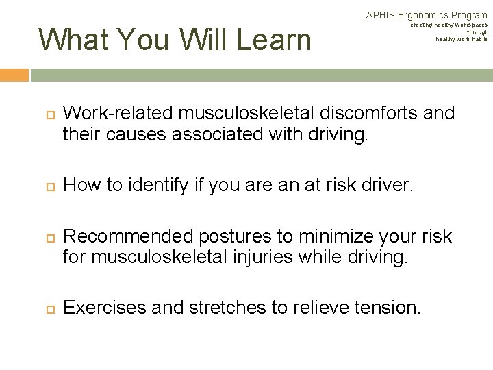 APHIS Ergonomics Program What You Will Learn creating healthy workspaces through healthy work habits APHIS Ergonomics Program What You Will Learn creating healthy workspaces through healthy work habits