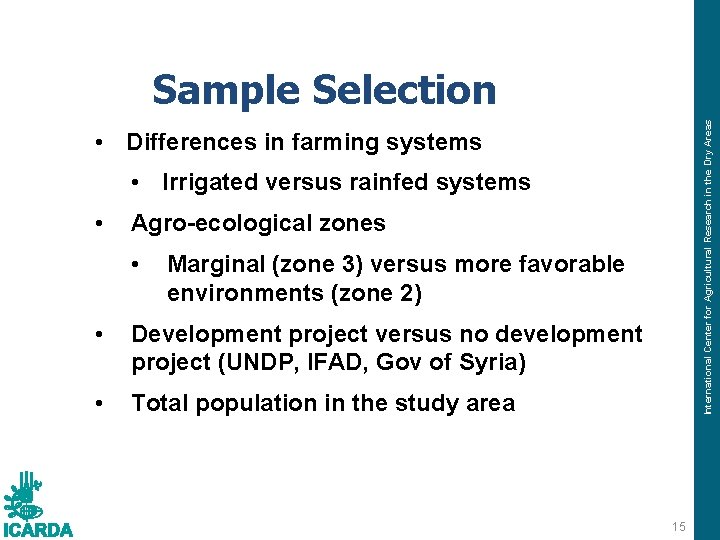 International Center for Agricultural Research in the Dry Areas Sample Selection • Differences in