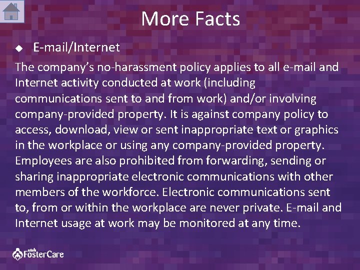 More Facts u E-mail/Internet The company’s no-harassment policy applies to all e-mail and Internet