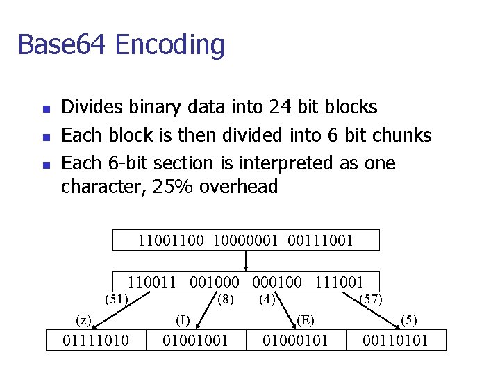Base 64 Encoding n n n Divides binary data into 24 bit blocks Each