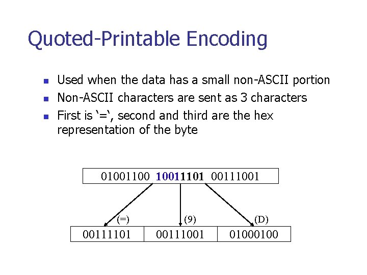 Quoted-Printable Encoding n n n Used when the data has a small non-ASCII portion