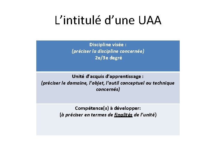 L’intitulé d’une UAA Discipline visée : (préciser la discipline concernée) 2 e/3 e degré