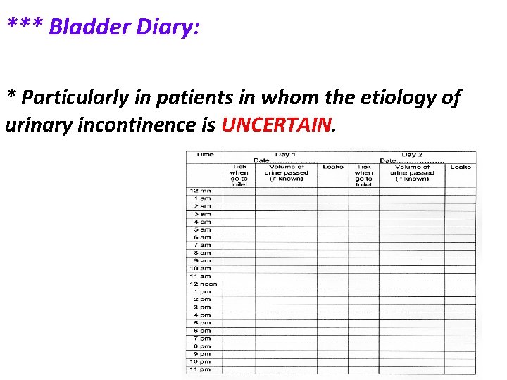 *** Bladder Diary: * Particularly in patients in whom the etiology of urinary incontinence