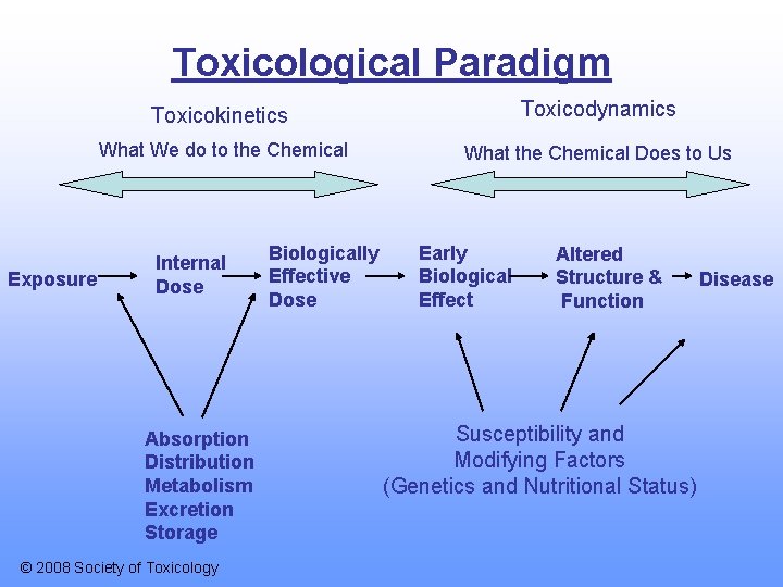 Toxicological Paradigm Exposure Toxicokinetics Toxicodynamics What We do to the Chemical What the Chemical