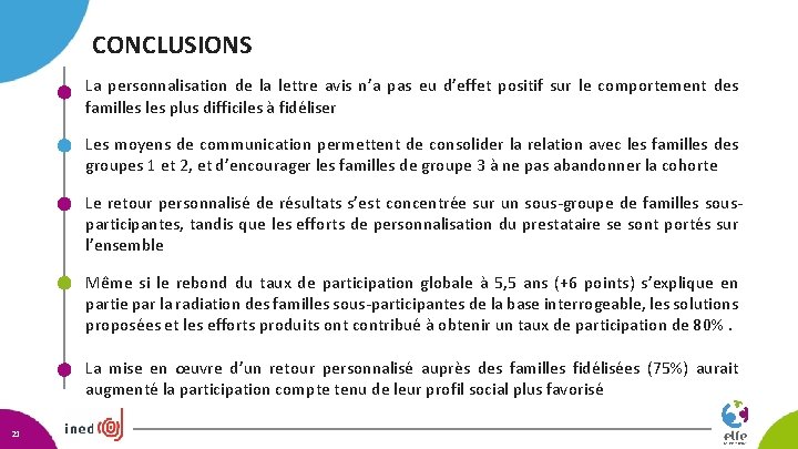 CONCLUSIONS La personnalisation de la lettre avis n’a pas eu d’effet positif sur le