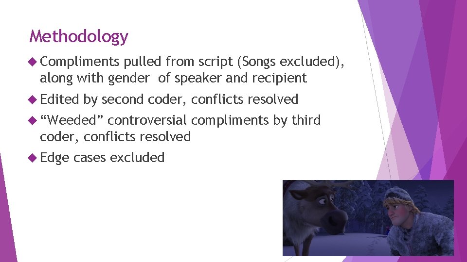 Methodology Compliments pulled from script (Songs excluded), along with gender of speaker and recipient