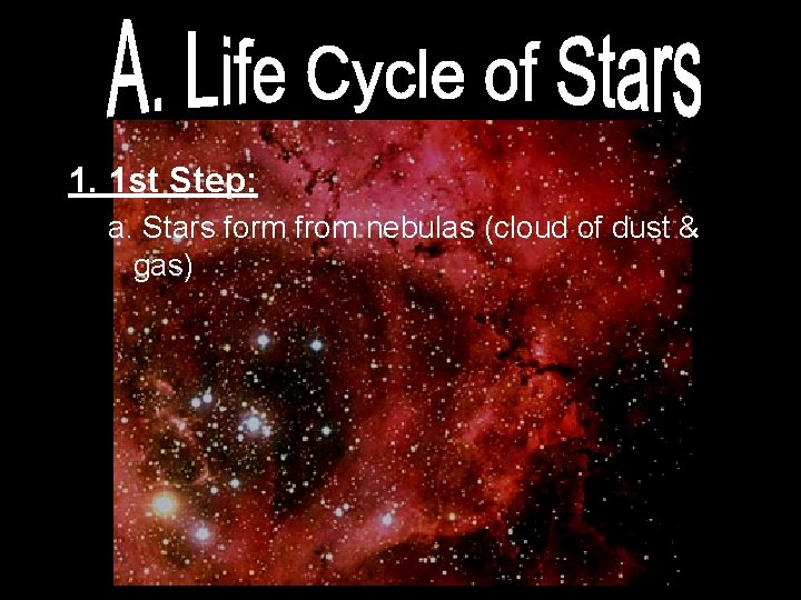 1. 1 st Step: a. Stars form from nebulas (cloud of dust & gas)