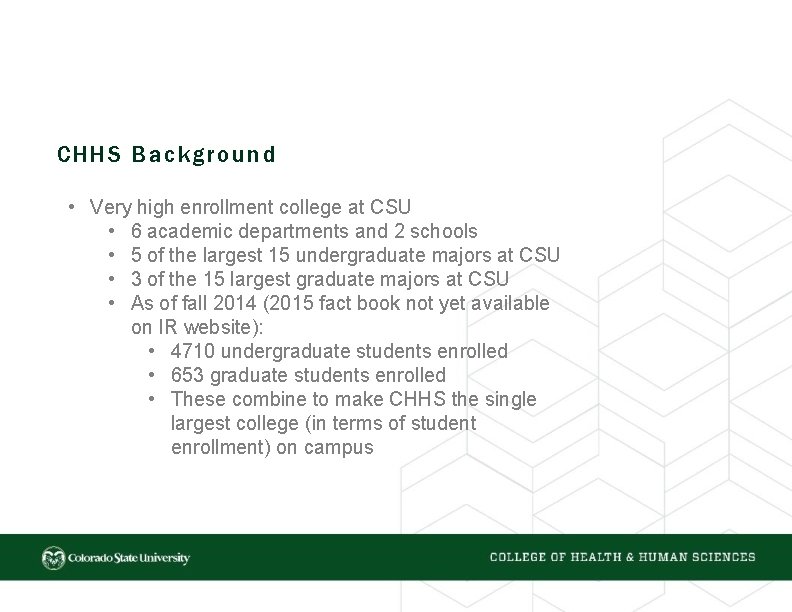CHHS Background • Very high enrollment college at CSU • 6 academic departments and