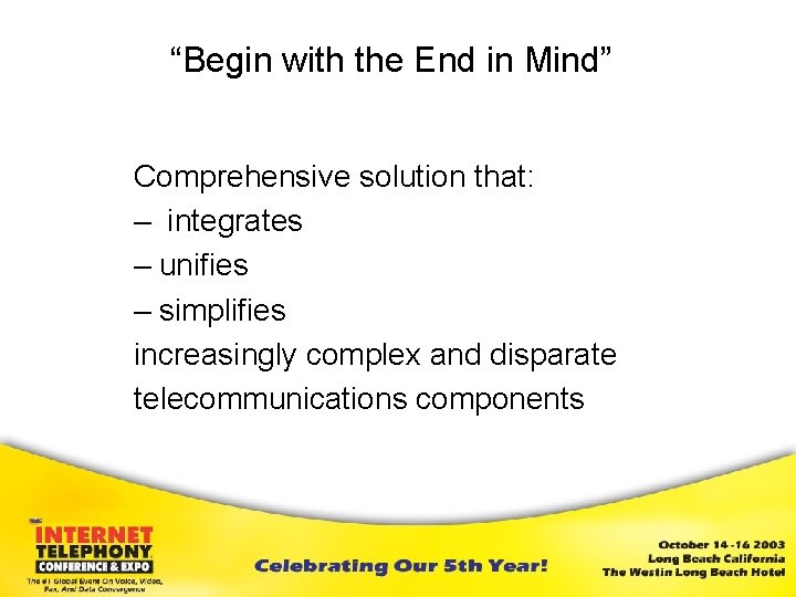 “Begin with the End in Mind” Comprehensive solution that: – integrates – unifies –