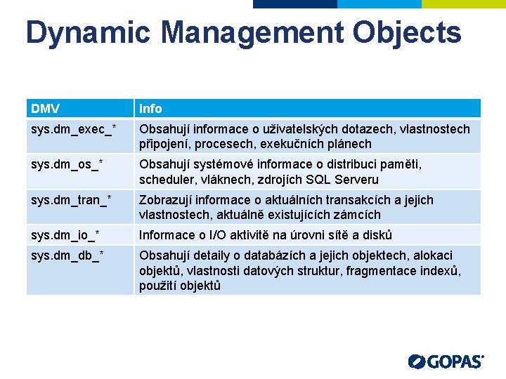 Dynamic Management Objects DMV Info sys. dm_exec_* Obsahují informace o uživatelských dotazech, vlastnostech připojení,