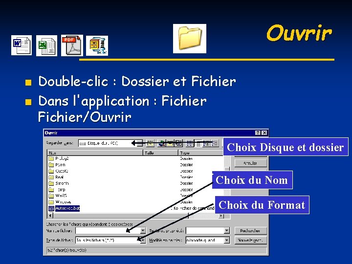 Ouvrir n n Double-clic : Dossier et Fichier Dans l'application : Fichier/Ouvrir Choix Disque