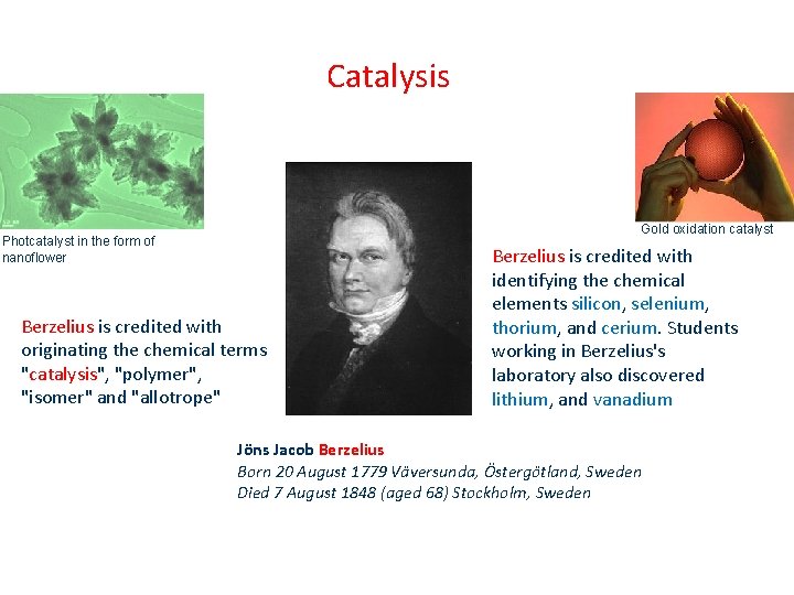 Catalysis Gold oxidation catalyst Photcatalyst in the form of nanoflower Berzelius is credited with