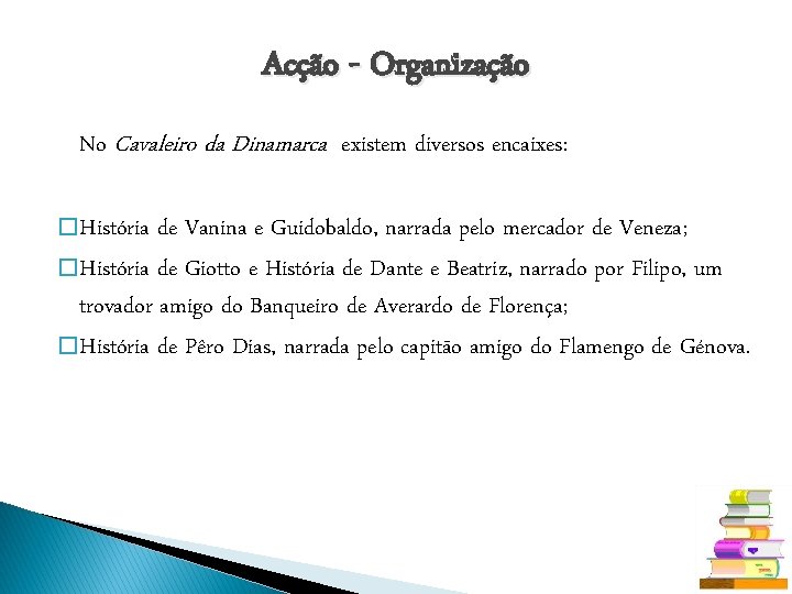 Acção - Organização No Cavaleiro da Dinamarca existem diversos encaixes: � História de Vanina