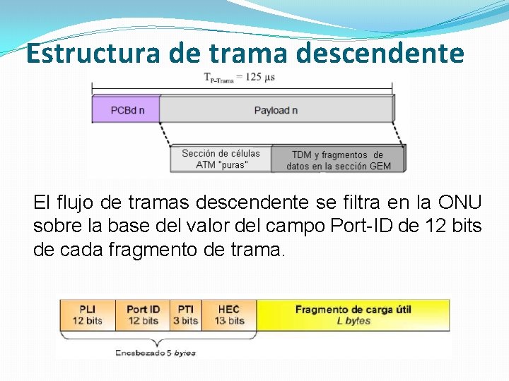 Estructura de trama descendente El flujo de tramas descendente se filtra en la ONU