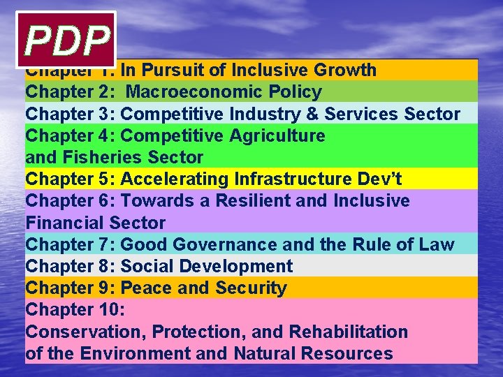 PDP Chapter 1: In Pursuit of Inclusive Growth Chapter 2: Macroeconomic Policy Chapter 3: