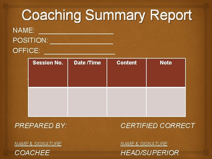 Coaching Summary Report NAME: __________ POSITION: ________ OFFICE: _________ Session No. Date /Time Content