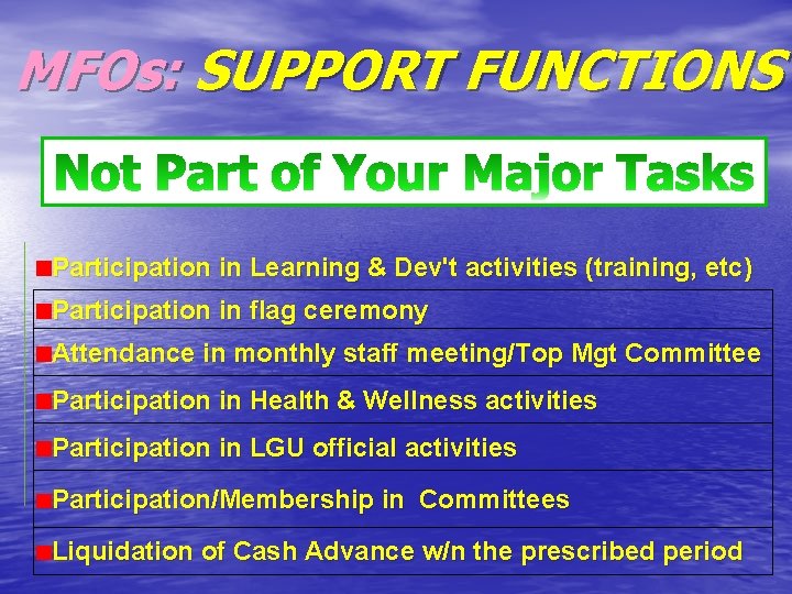 MFOs: SUPPORT FUNCTIONS Participation in Learning & Dev't activities (training, etc) Participation in flag