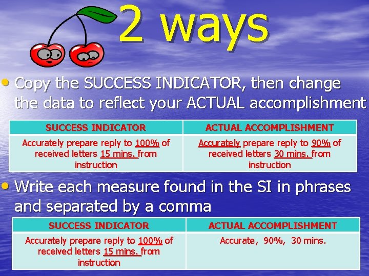 2 ways • Copy the SUCCESS INDICATOR, then change the data to reflect your