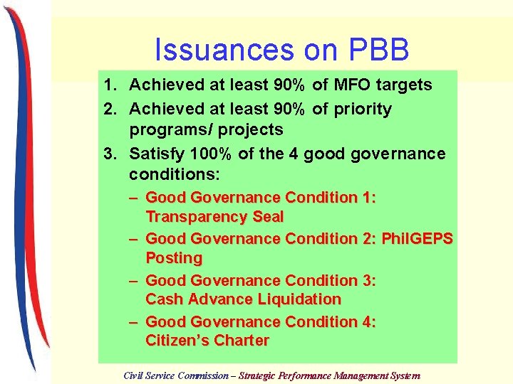 Issuances on PBB 1. Achieved at least 90% of MFO targets 2. Achieved at