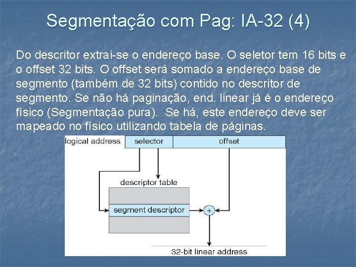 Segmentação com Pag: IA-32 (4) Do descritor extrai-se o endereço base. O seletor tem