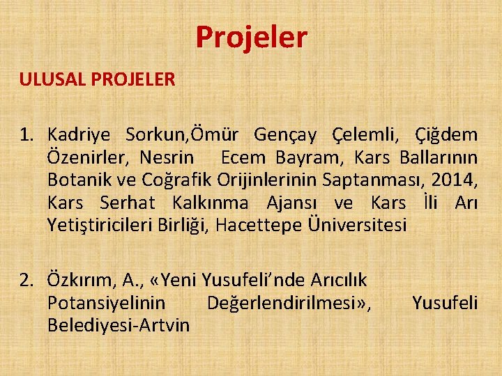 Projeler ULUSAL PROJELER 1. Kadriye Sorkun, Ömür Gençay Çelemli, Çiğdem Özenirler, Nesrin Ecem Bayram,