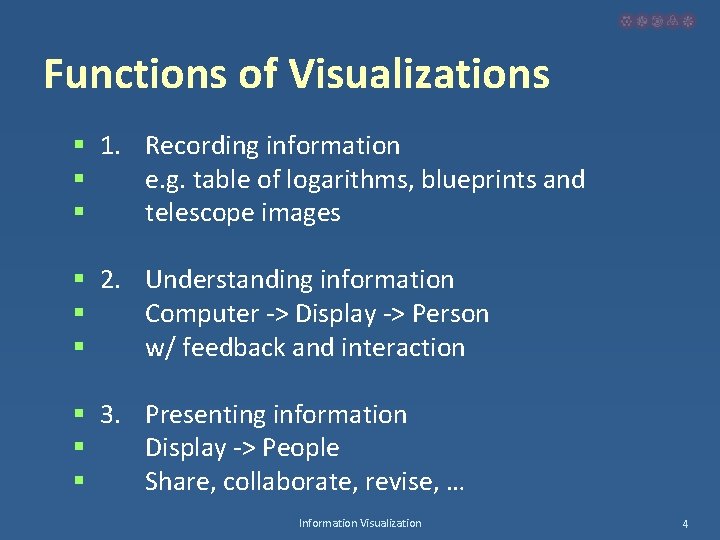 Functions of Visualizations § 1. Recording information § e. g. table of logarithms, blueprints