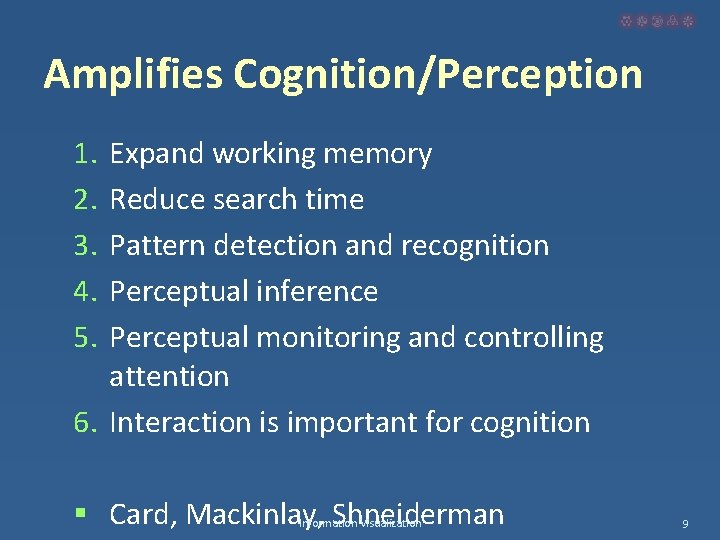 Amplifies Cognition/Perception 1. 2. 3. 4. 5. Expand working memory Reduce search time Pattern