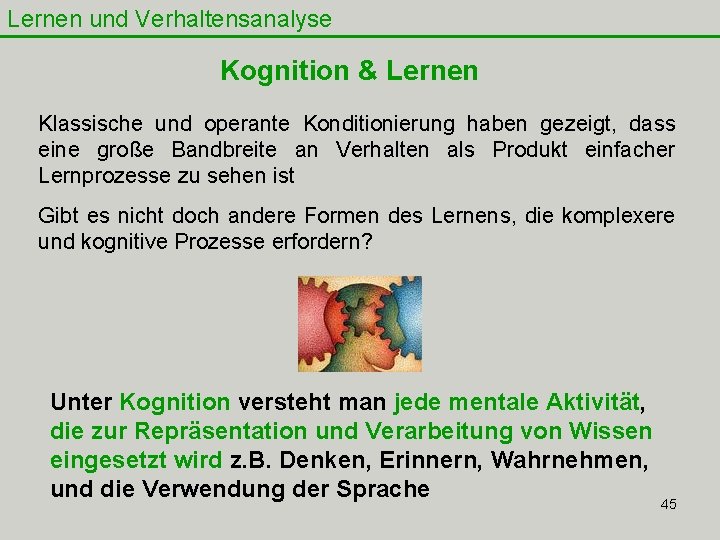 Lernen und Verhaltensanalyse Kognition & Lernen Klassische und operante Konditionierung haben gezeigt, dass eine