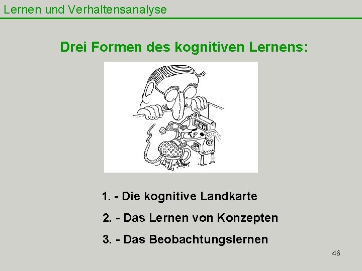Lernen und Verhaltensanalyse Drei Formen des kognitiven Lernens: 1. - Die kognitive Landkarte 2. Lernen und Verhaltensanalyse Drei Formen des kognitiven Lernens: 1. - Die kognitive Landkarte 2.